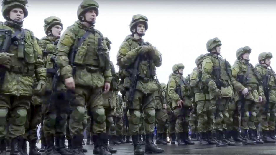 TemporaryIn this handout photo taken from video released by Russian Defense Ministry Press Service, Russian recruiters stand prior to their military training at the Patriot Park outside in Moscow, Russia, Saturday, Oct. 1, 2022. Russian President Vladimir Putin has ordered a partial mobilization of reservists to beef up his forces in Ukraine. (Russian Defense Ministry Press Service via AP)