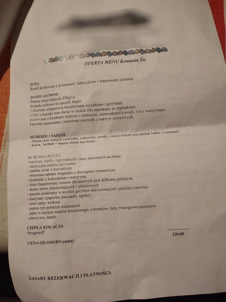 Oferta restauracji na Pierwszą Komunię Św.