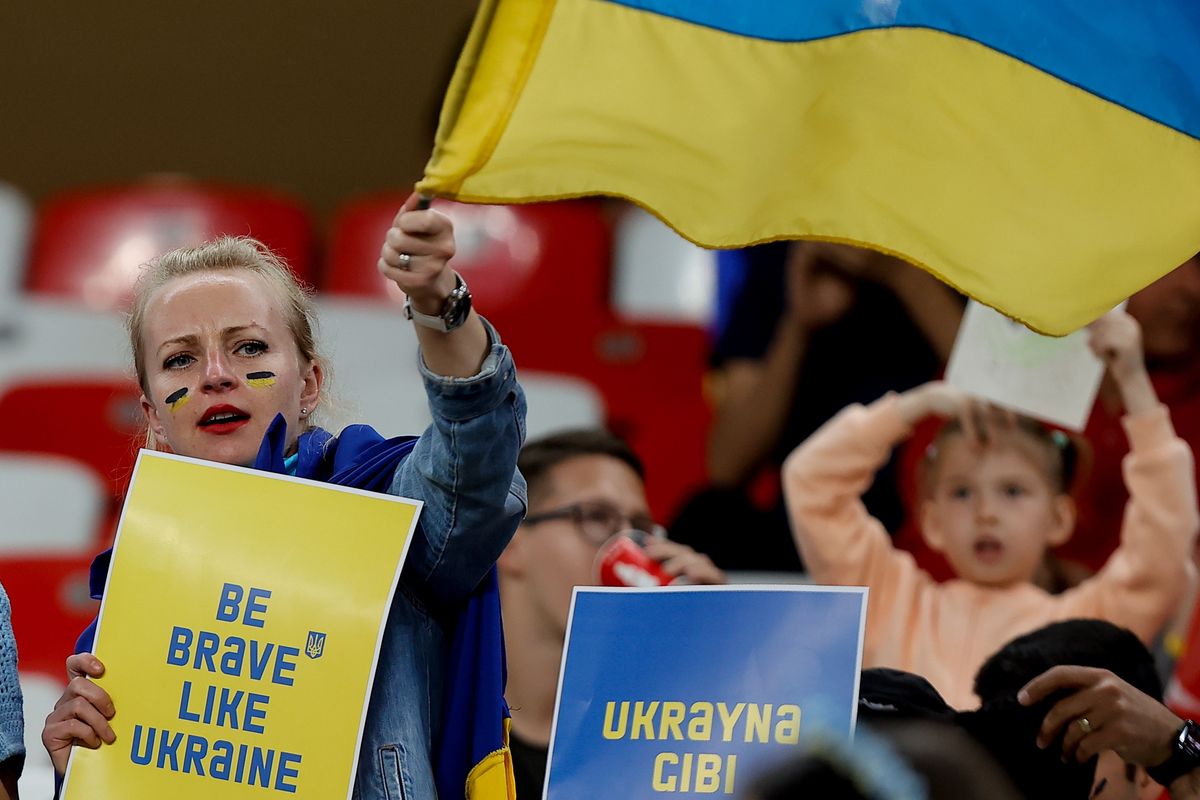 ANTALYA, TURKIYE - APRIL 25: Ukrainian fans before the friendly match between Fraport TAV Antalyaspor and Shakhtar Donetsk at the Antalya Stadium in Antalya, Turkiye on April 25, 2022. (Photo by Mustafa Ciftci/Anadolu Agency via Getty Images)