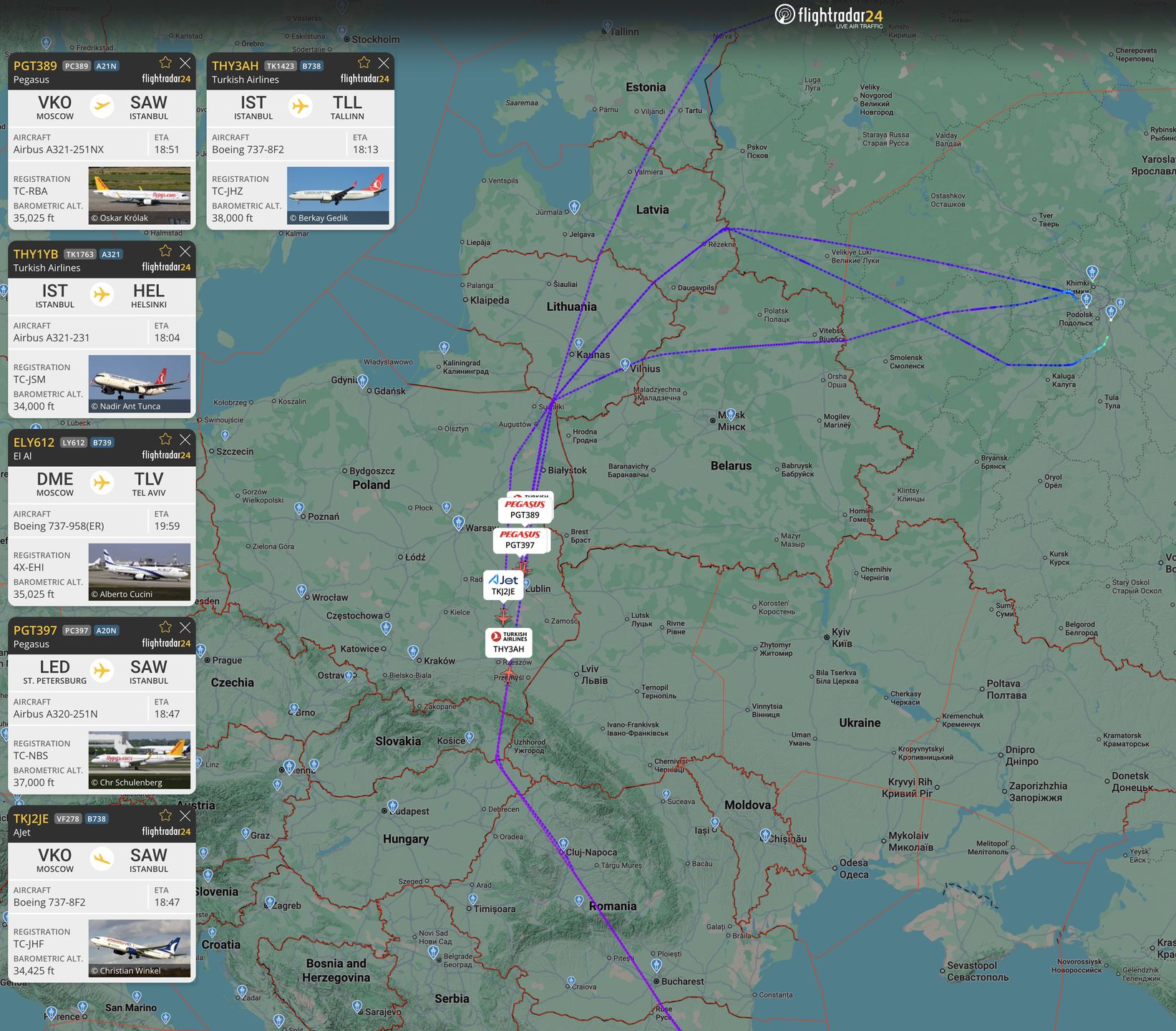 Przykładowe trasy przelotu samolotów między Rosją i Turcją 
