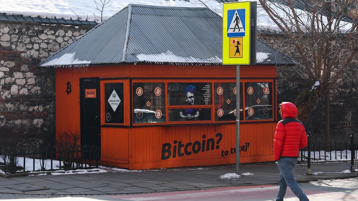 Bitcoin Kiosk In Krakow
A view of the Bitcoin kiosk in Krakow, Poland on February 20, 2026. (Photo by Jakub Porzycki/NurPhoto via Getty Images)
NurPhoto
btc, bitcoin atm, decentralized, february 20, crypto trading, transaction, crypto infrastructure, bitcoin usage., crypto adoption, digital assets, jakub porzycki, economic landscape, poland economy, electronic payment, krakow tourism, nurphoto, full body, crypto, financial innovation, fintech, financial services, polish market