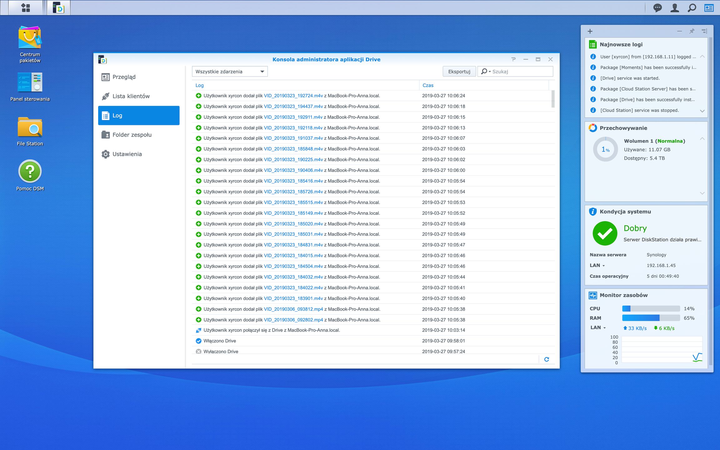 Widok logów w konsoli Synology Drive