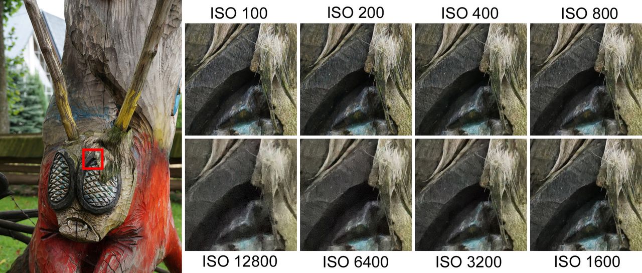 Wycinki z serii zdjęć wykonanych dla niemal pełnego zestawu czułości – JPEGów z redukcją szumów ustawioną na Low. Aż do ISO 800 włącznie, cieszy wysoka szczegółowość. Wyraźne jej obniżenie następuje dla ISO 3200, a potem dla ISO 12800. Szumy, jak to w Sony – słabe, a tak naprawdę, to zdecydowanie usuwane.© Paweł BaldwinPełna rozdzielczość