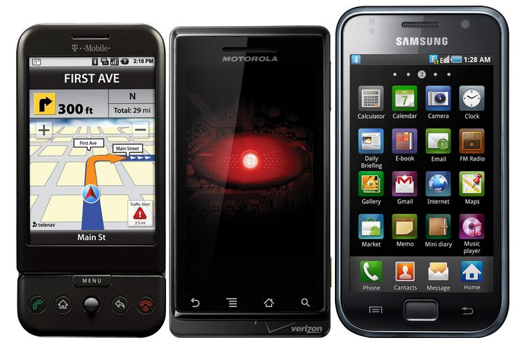 HTC Dream kontra Motorola Milestone kontra Samsung Galaxy S (fot. phone-size.com)