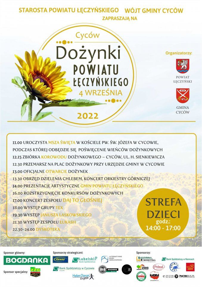 Dożynki Powiatu Łęczyńskiego w Cycowie 2022 - program
