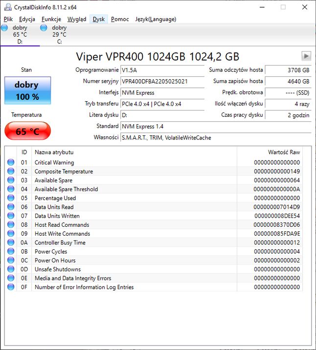 Temperatura&nbsp;Patriot Viper VPR400 RGB 1 TB