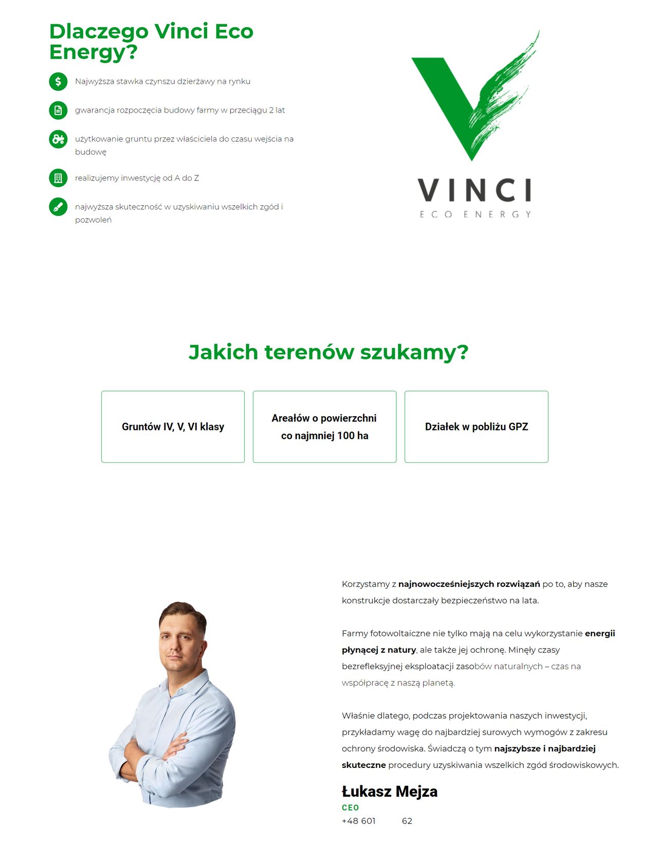 Strona firmy Vinci Eco Energy.