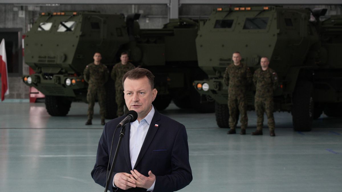 Polish Minister of Defence Mariusz Blaszczak presents the first US supplied HIMARS multiple rocket launch system to arrive in the country on 15 May, 2023 in Warsaw, Poland. Since the start of the Russian invasion of Ukraine Poland has started what is said to be the largest procurement of military equipment in its history.