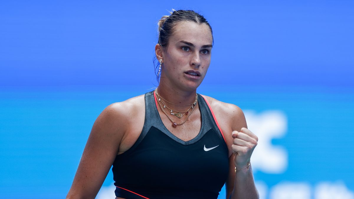 WUHAN, CHINA - OCTOBER 10: Aryna Sabalenka celebrates her win against Elena Rybakina of Kazakhstan in the Women's Singles Round of 8 match during day seven of the 2025 Wuhan Open at Optics Valley International Tennis Center on October 10, 2025 in Wuhan, China. (Photo by Wang He/Getty Images)