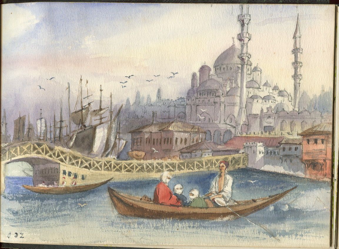 Widok Stambułu namalowany przez Jadwigę Zamoyską, lata 50. XIX wieku, zbiory PAN Biblioteki Kórnickiej PAN