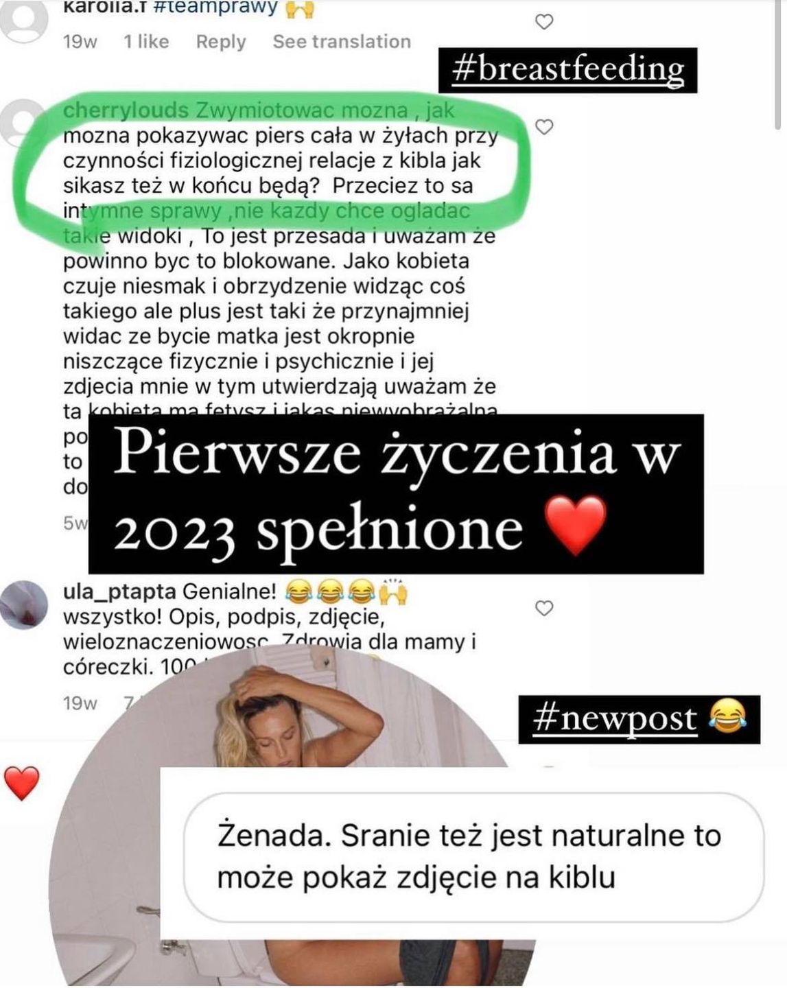 Aleksandra Żebrowska pozuje z pociechą na toalecie ze spuszczonymi spodenkami