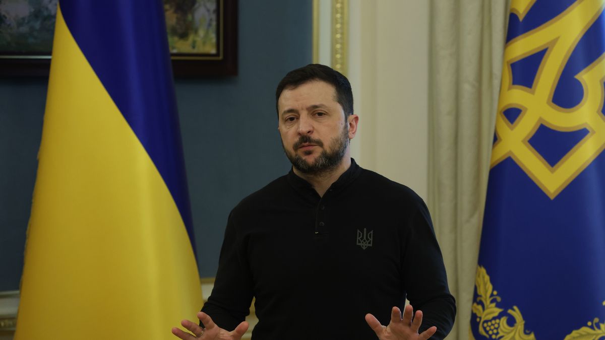 KYIV, UKRAINE - FEBRUARY 19: President Of Ukraine Volodymyr Zelenskyy speaks with press on February 19, 2024 in Kyiv, Ukraine. President Zelenskyy gives a press conference after Russian Foreign Minister Lavrov and US Secretary of State Rubio met in Saudi Arabia. (Photo by Viktor Kovalchuk/Global Images Ukraine via Getty Images)