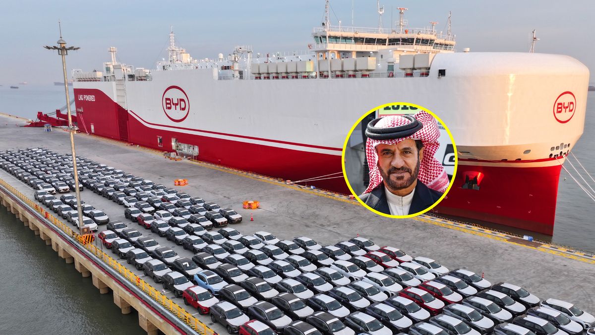 Getty Images / Ji Haixin / Red Bull / Na zdjęciu: samochody BYD czekające na transport, w kółku Mohammed ben Sulayem