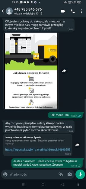 Rozmowa z fałszywym kupującym na WhatsAppie