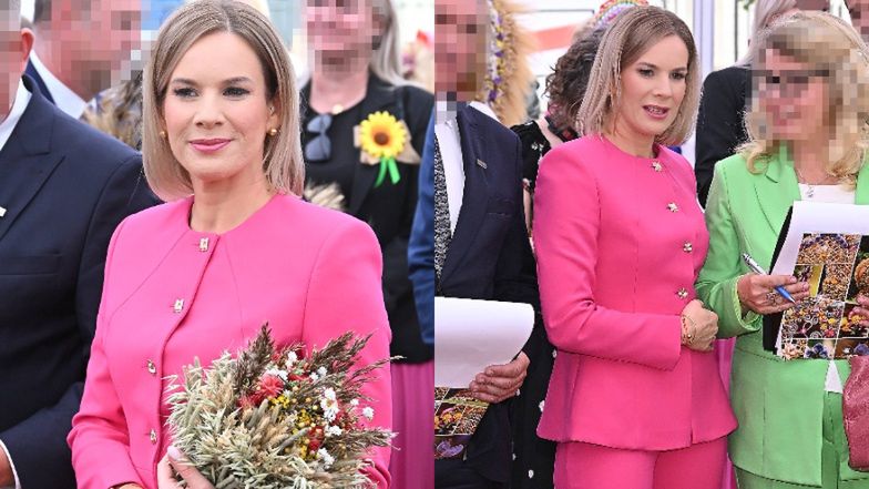 Marta Nawrocka podczas konkursu na najlepszy wieniec dożynkowy