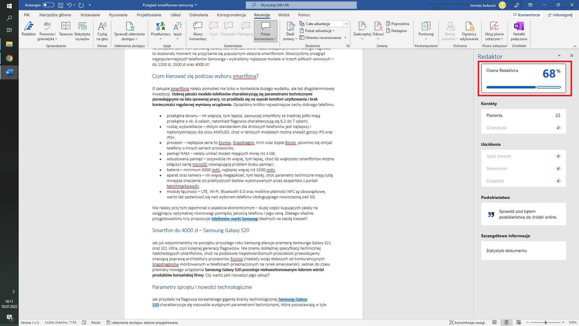 Co oznacza ocena Redaktora w Microsoft Word?