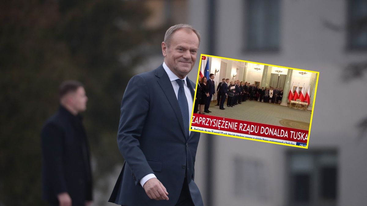 PAP / Marcin Obara/X / Na zdjęciu: Donald Tusk i pasek w TVP Info