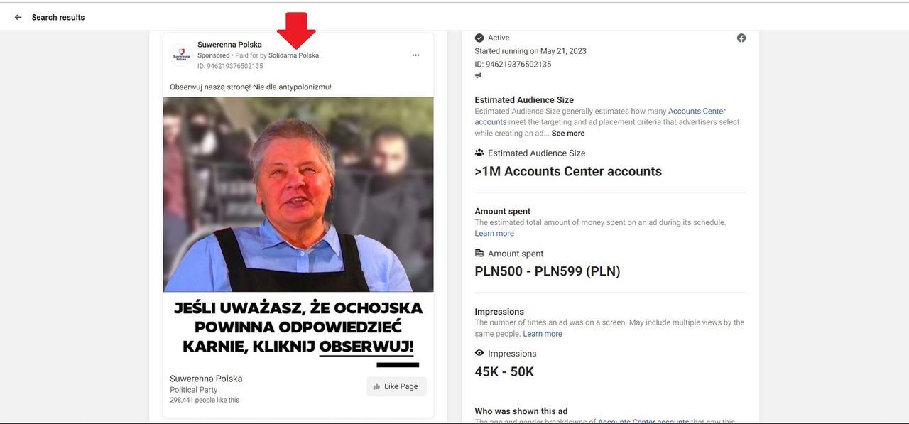 Informacja z biblioteki reklam Facebooka o promocji wykupionej 21 maja 2023 dla jednego z postów Suwerennej Polski. Strzałka pokazuje płatnika.