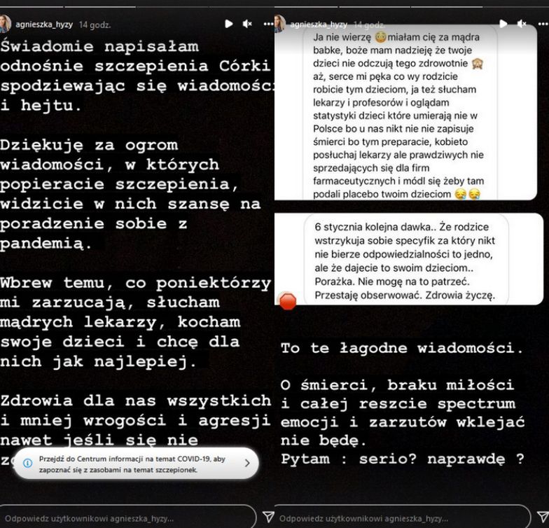 Agnieszka Hyży mierzy się z krytyką po zaszczepieniu córki