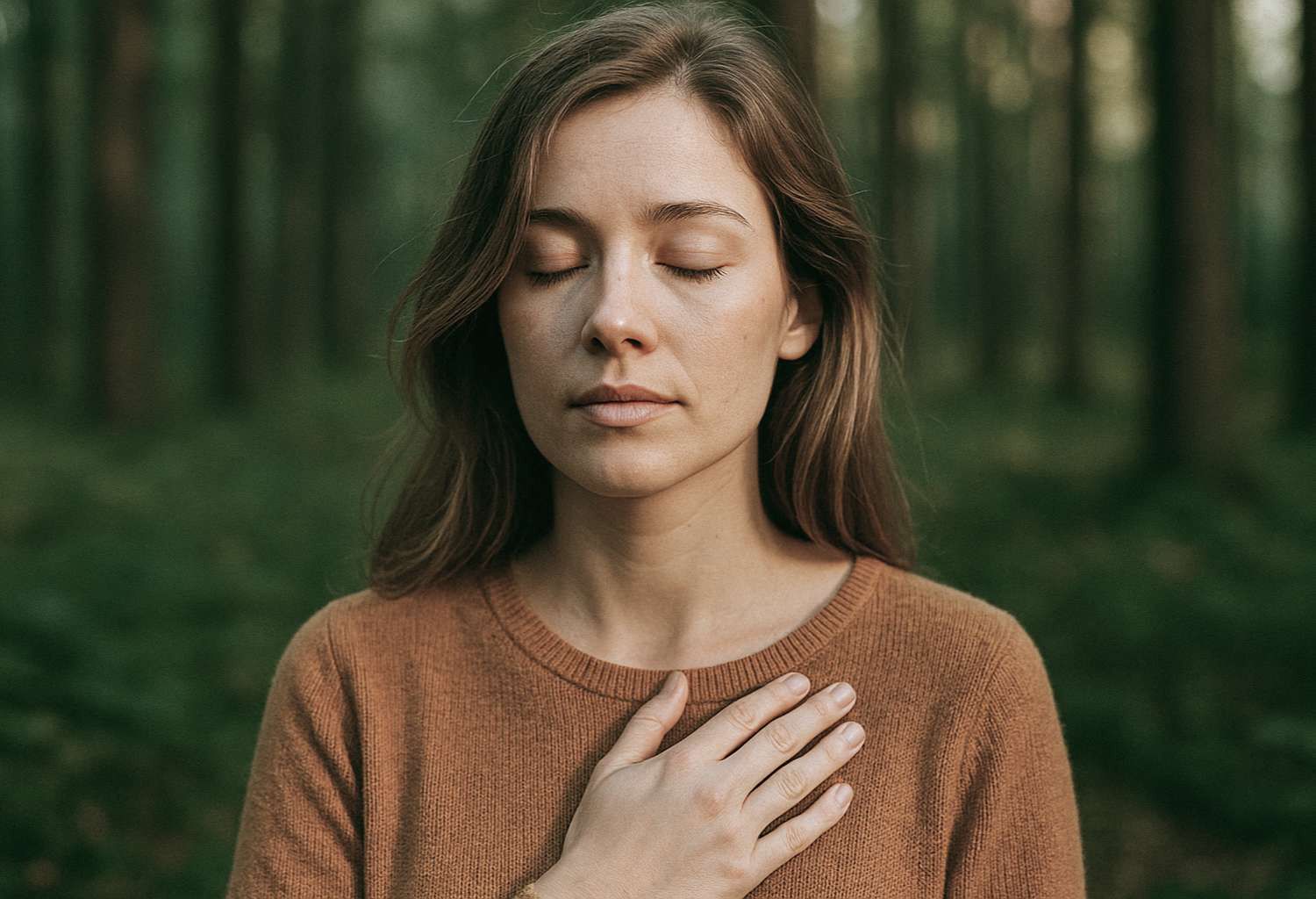 Kobieta słucha głosu serca w środku lasu