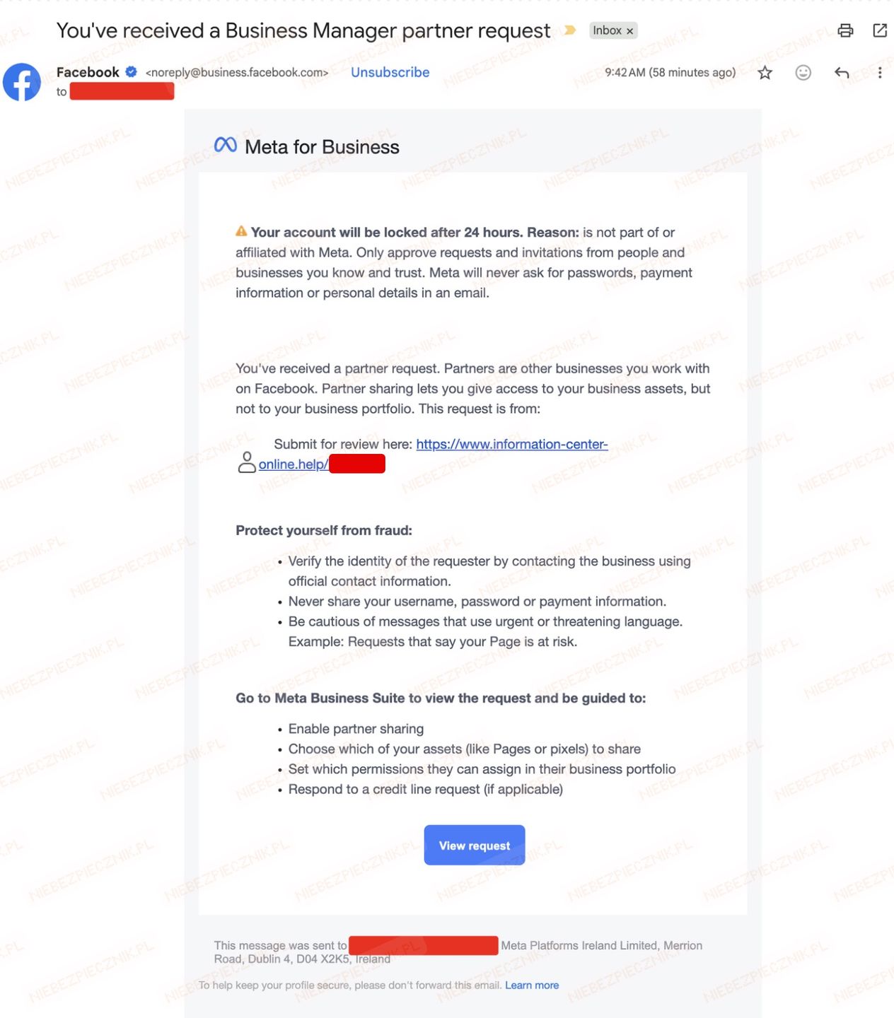 Wiadomość wysyłana przez Facebooka z linkiem do oszustwa