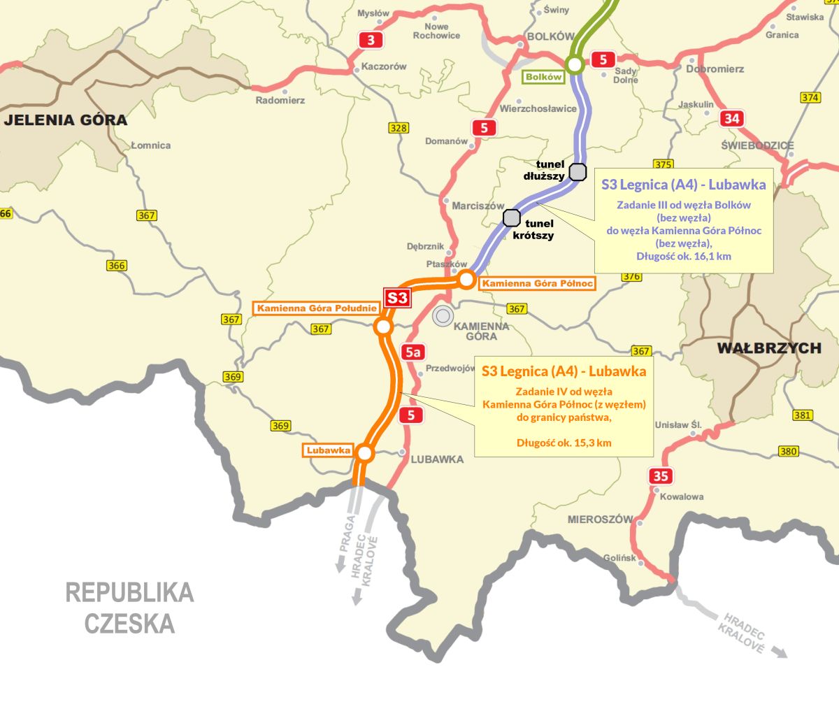 Przygotowywany do otwarcia odcinek drogi S3 (na fioletowo) z zaznaczonymi tunelami