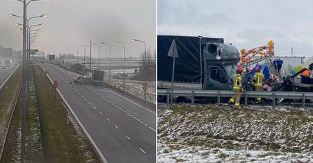 Zasnął za kierownicą i wjechał w pojazdy służby drogowej na S12. Zobacz moment wypadku