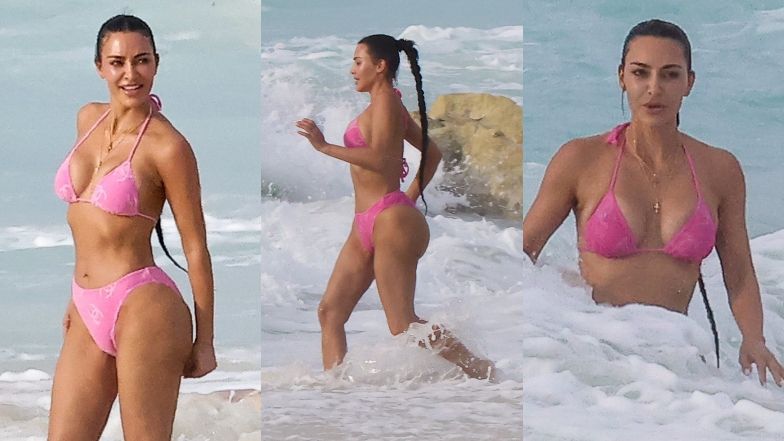 Kim Kardashian paraduje po plaży w różowym bikini