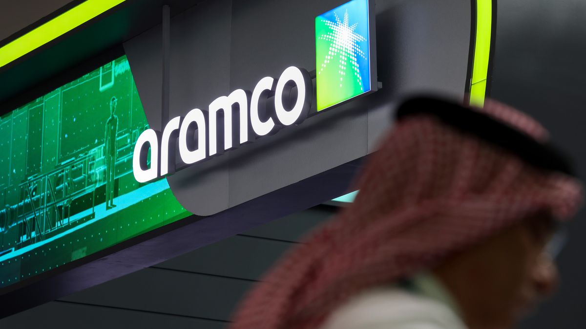 Signage above the Saudi Aramco booth on day two of the Abu Dhabi International Petroleum Exhibition and Conference (ADIPEC) in Abu Dhabi, United Arab Emirates, on Tuesday, Oct. 3, 2023. The annual strategic energy conference runs from Oct 2-5. Photographer: Christopher Pike/Bloomberg via Getty Images