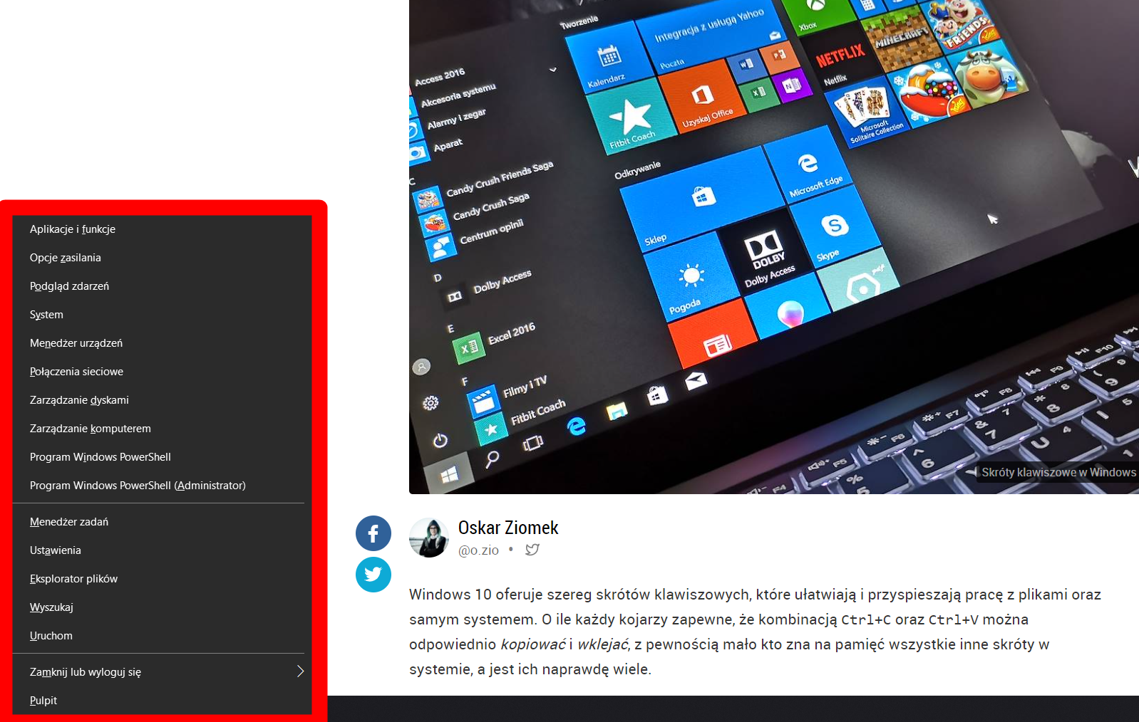 Win+X to skrót do listy przydatnych narzędzi systemowych, fot. Oskar Ziomek.