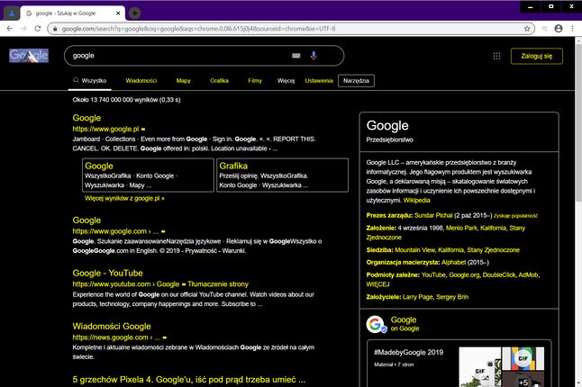 Wyszukiwarka Google w Chrome Canary z włączoną opcją dużego kontrastu.