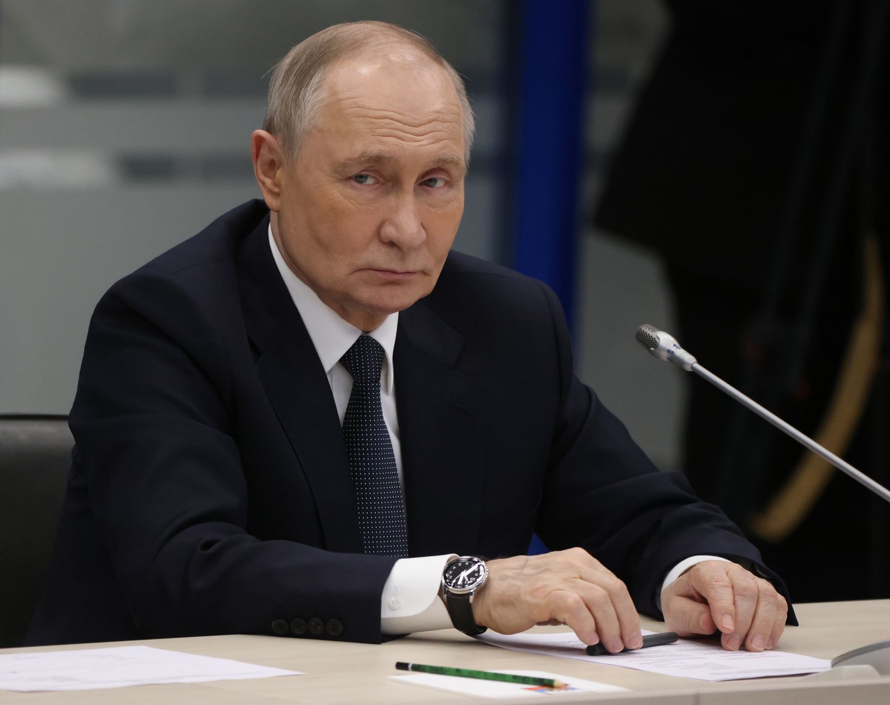 MURMANSK, RUSSIA - MARCH 26: (RUSSIA OUT) Russian President b looks on, whilst visiting a military base of the nuclear fleet on March 26, 2025 in Murmansk, Russia. Putin is having a one-day trip to Murmansk. (Photo by Contributor/Getty Images)