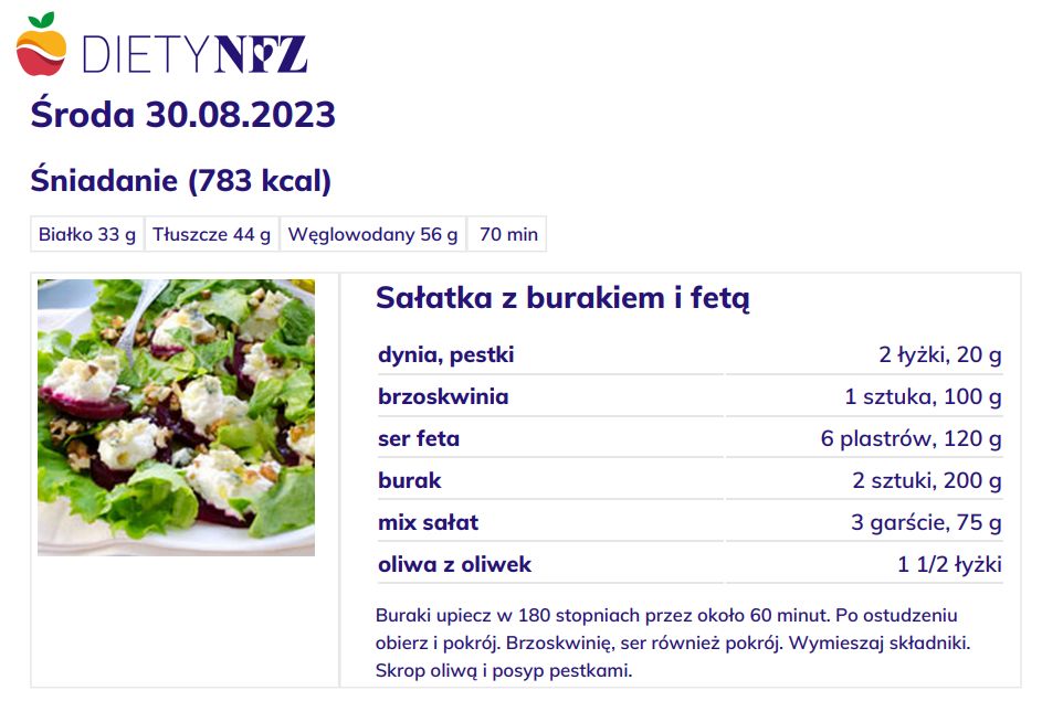 Przykładowy posiłek wygenerowany przez Diety NFZ. Jadłospis można pobrać jako plik .pdf.