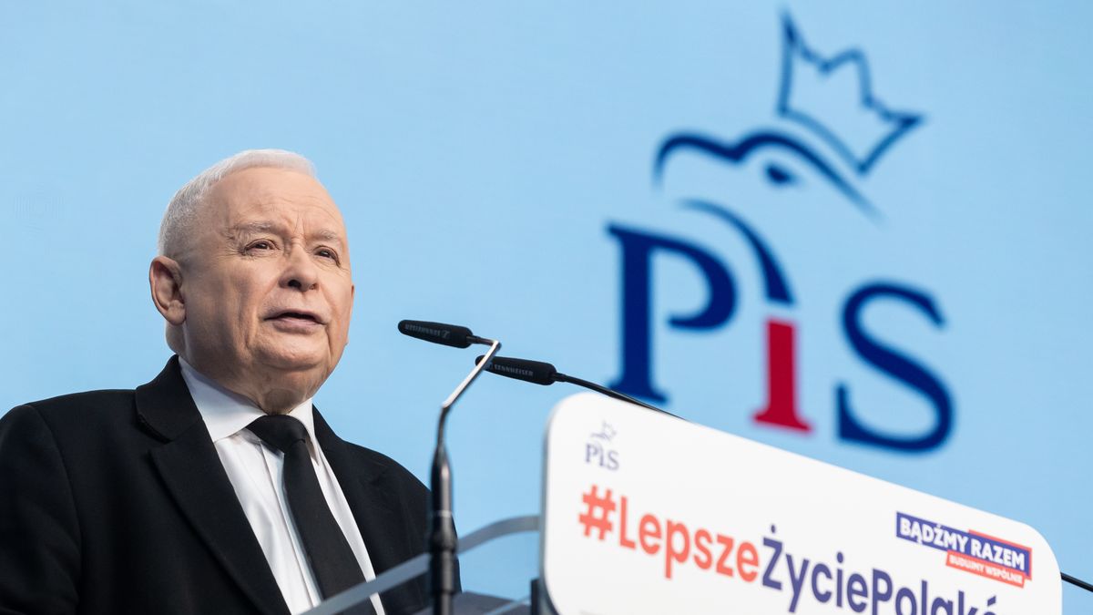 Jaroslaw Kaczynski, the leader of the Law and Justice (PiS) party, is speaking at a press conference before the local elections in Warsaw, Poland, on April 4, 2024. (Photo by Foto Olimpik/NurPhoto via Getty Images)