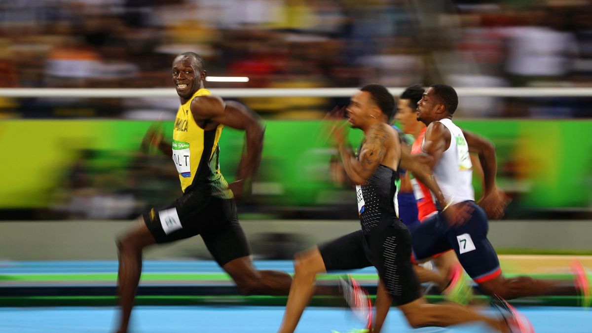 Usain Bolt podczas finału na 100 m na IO 2016