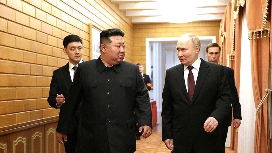 Russian President Putin arrives in North Korea for 1st official visit in 24 years
PYONGYANG, NORTH KOREA - JUNE 18: (----EDITORIAL USE ONLY - MANDATORY CREDIT - ' KREMLIN PRESS OFFICE / HANDOUT' - NO MARKETING NO ADVERTISING CAMPAIGNS - DISTRIBUTED AS A SERVICE TO CLIENTS----) Russian President Vladimir Putin meets with Chairman of State Affairs of the Democratic People's Republic of Korea (DPRK) Kim Jong-un upon his invitation in Pyongyang, North Korea on June 18, 2024. (Photo by Kremlin Press Office/Anadolu via Getty Images)
Anadolu
dprk, official meeting, pyongyang airport, russian president, state affairs of the democratic people's republic of korea, chairman of state affairs of the democratic people's republic of