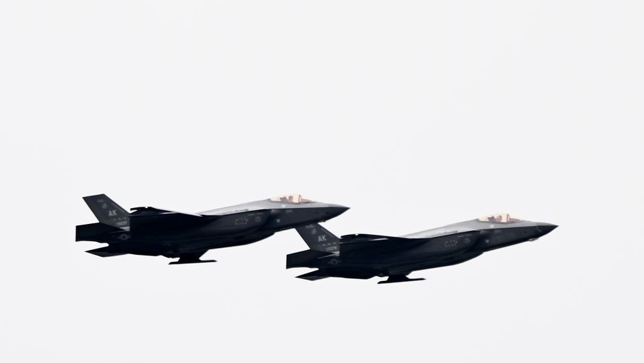 ALASKA, UNITED STATES - AUGUST 15: Four F-35 jets accompany the plane carrying the Russian President Vladimir Putin as he arrives at Elmendorf-Richardson Joint Base ahead of Russian President Vladimir Putin and US President Donald Trump meeting in Alaska, United States on August 15, 2025. (Photo by Fatih Aktas/Anadolu via Getty Images)