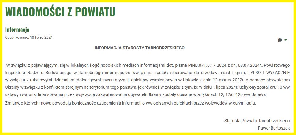 Komunikat władz powiatu tarnobrzeskiego