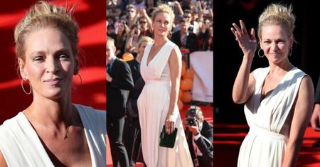 Uma Thurman w białej sukni na czerwonym dywanie