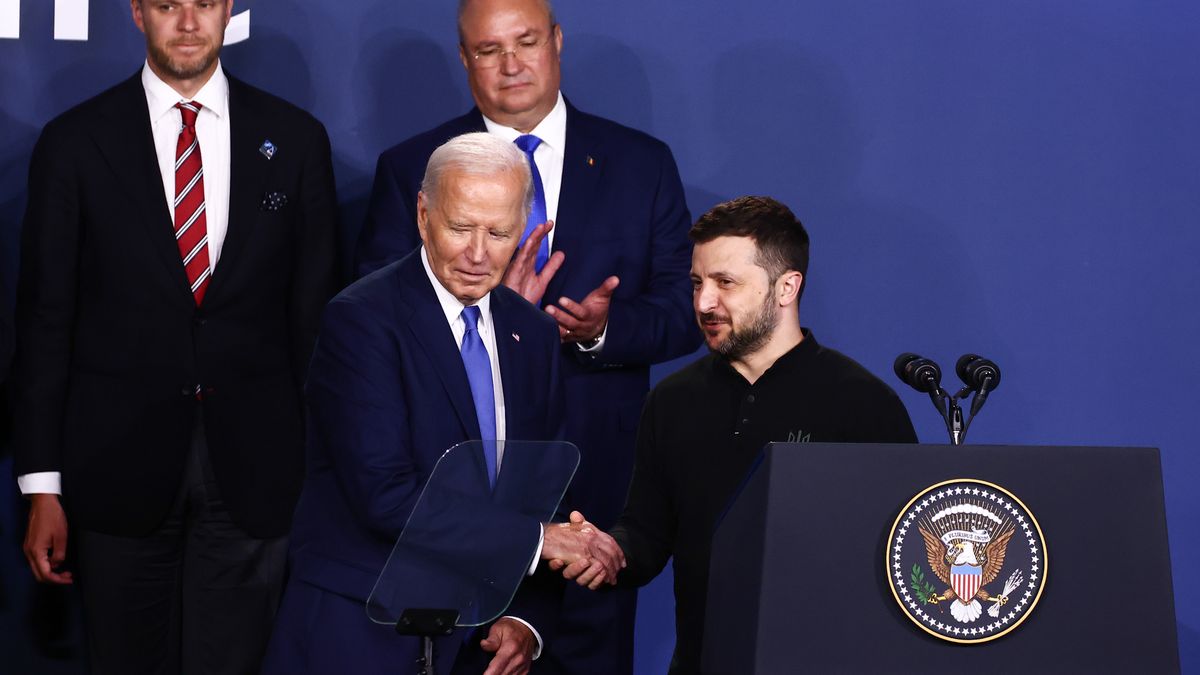 U.S. President Joe Biden and Ukraine President Volodymyr Zelenskyy shake hands at the Ukraine Compact meeting during the 75th NATO Summit in the Walter E. Washington Convention Center in Washington, DC, on July 11, 2024. (Photo by Beata Zawrzel/NurPhoto via Getty Images)