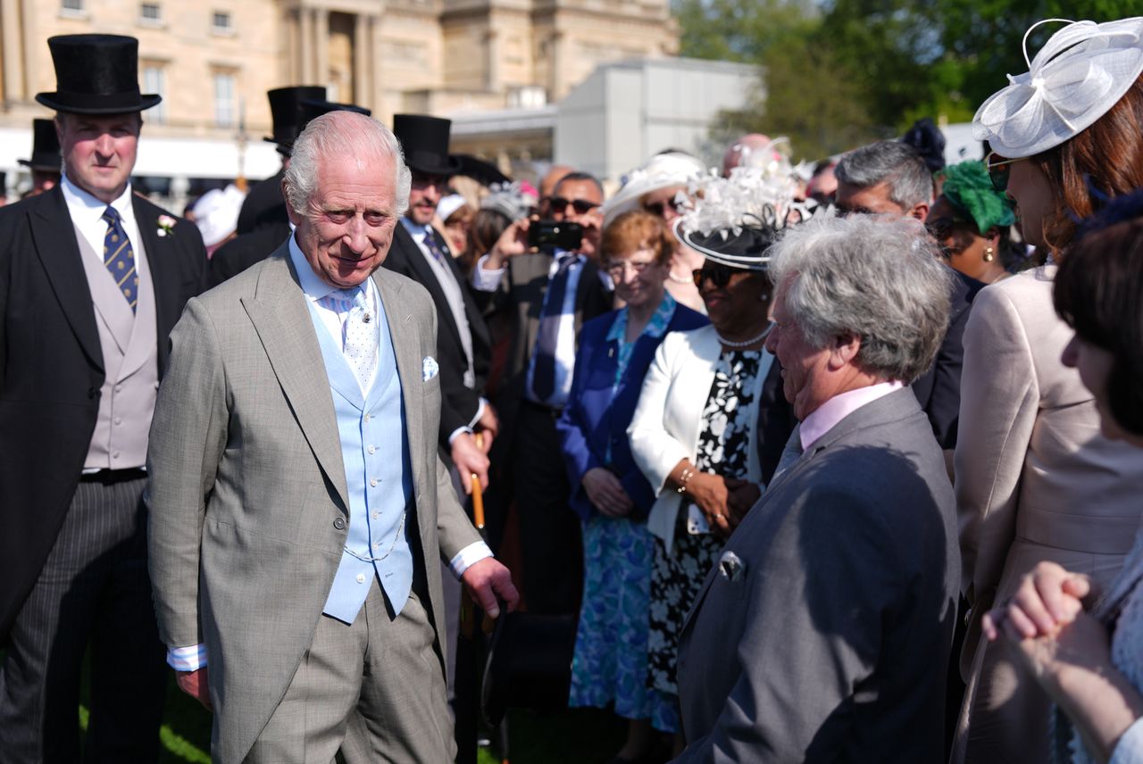 The Sovereign's Garden Party 2024 - May 8
LONDON, ENGLAND - MAY 8: King Charles III speaks to guests attending a Royal Garden Party at Buckingham Palace on May 8, 2024 in London, England.  (Photo by Jordan Pettitt - Pool/Getty Images)
Pool