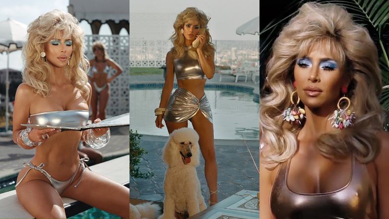 Wyjęta żywcem z lat 80. Kim Kardashian reklamuje autorskie kostiumy kąpielowe, pozując Z PUDELKAMI (ZDJĘCIA)