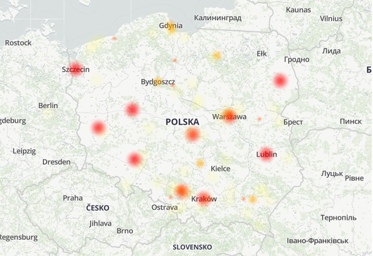 Geograficzny rozkład zgłoszeń o awarii banku Pekao