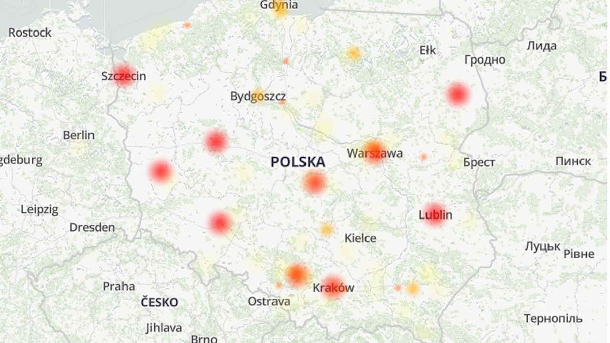 Geograficzny rozkład zgłoszeń o awarii banku Pekao