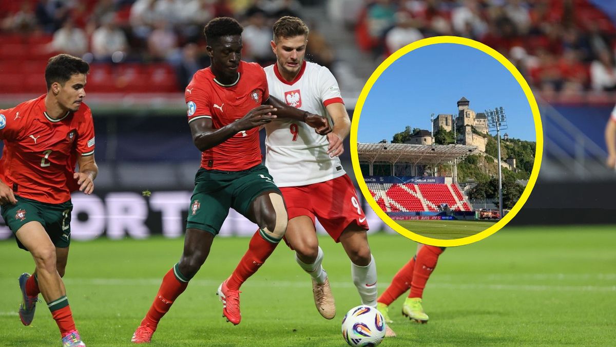 PAP / Grzegorz Momot/TVP Sport / Na dużym zdjęciu piłkarze z Polski i Portugalii, na małym widok na zamek w Trenczynie