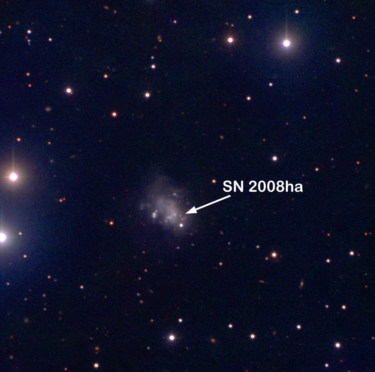 Kolorowy obraz supernowej SN 2008ha wykonany 30 grudnia 2008 roku w Obserwatorium Calar Alto, za pomocą teleskopu Zeissa 2,2 m i kamery CAFOS. Jest to kompozycja pasm B, V i R. Supernowa jest słabą czerwonawą kropką oznaczoną strzałką. Dość nieregularny kształt galaktyki UGC 12682, która gości supernową, jest widoczny w centrum obrazu