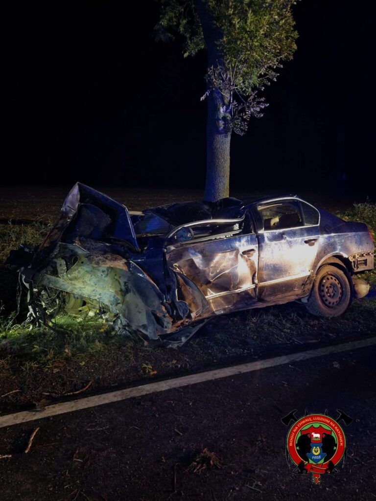 Zniszczony samochód osobowy uderzony w drzewo, widoczny na poboczu drogi w nocy, oświetlony przez niebieskie światło.