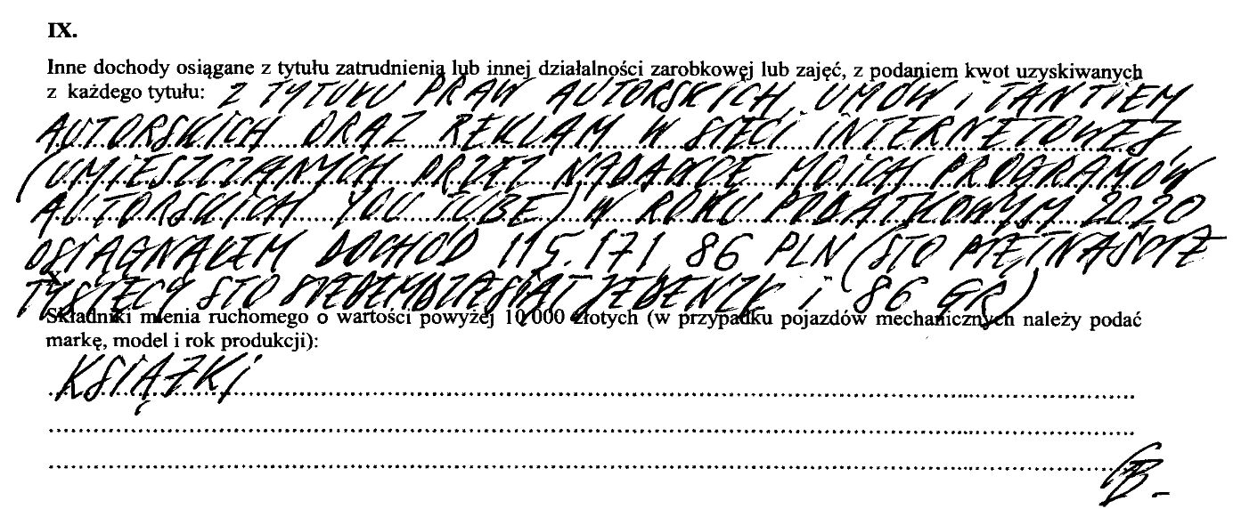 Fragment oświadczenia majątkowego Grzegorza Brauna z kwietnia 2021 roku