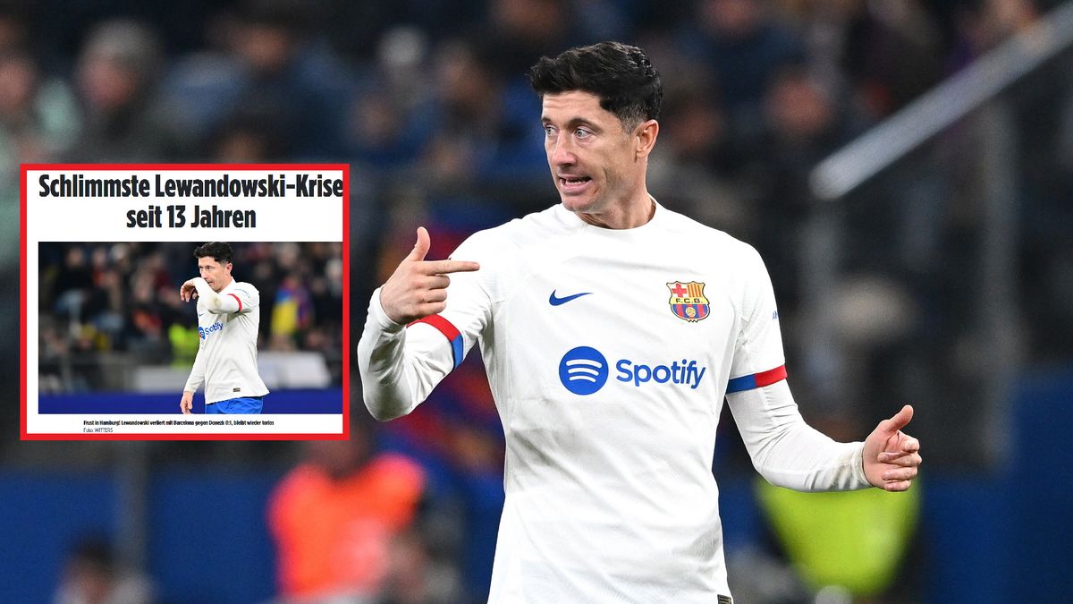 Robert Lewandowski w meczu z Szachtarem Donieck. W ramce okładka "Bilda"