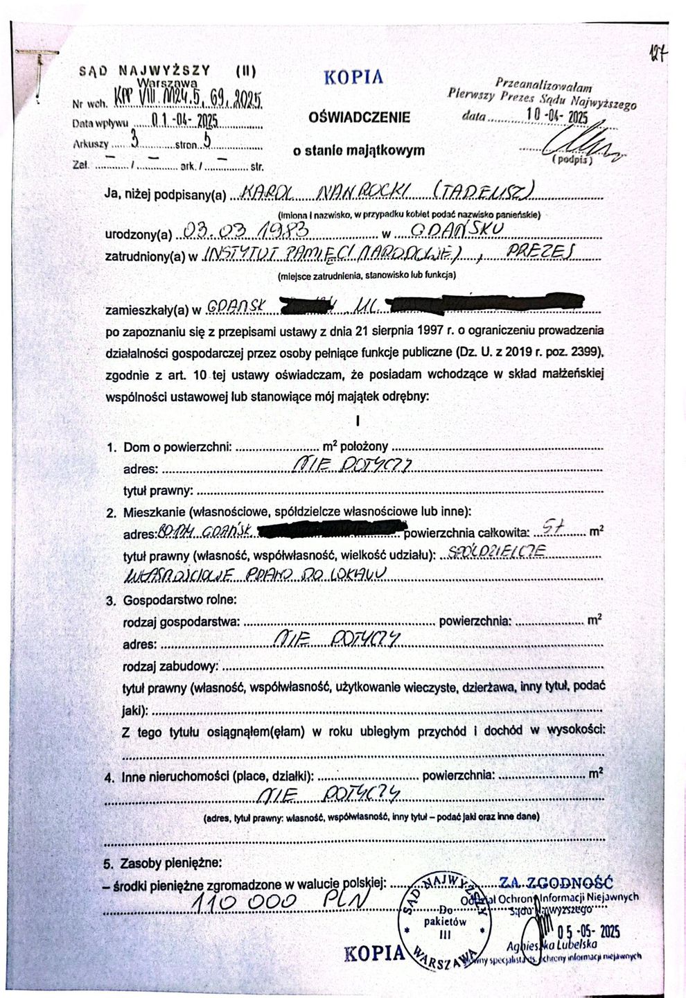 Fragment oświadczenia majątkowego Karola Nawrockiego za 2025 rok
